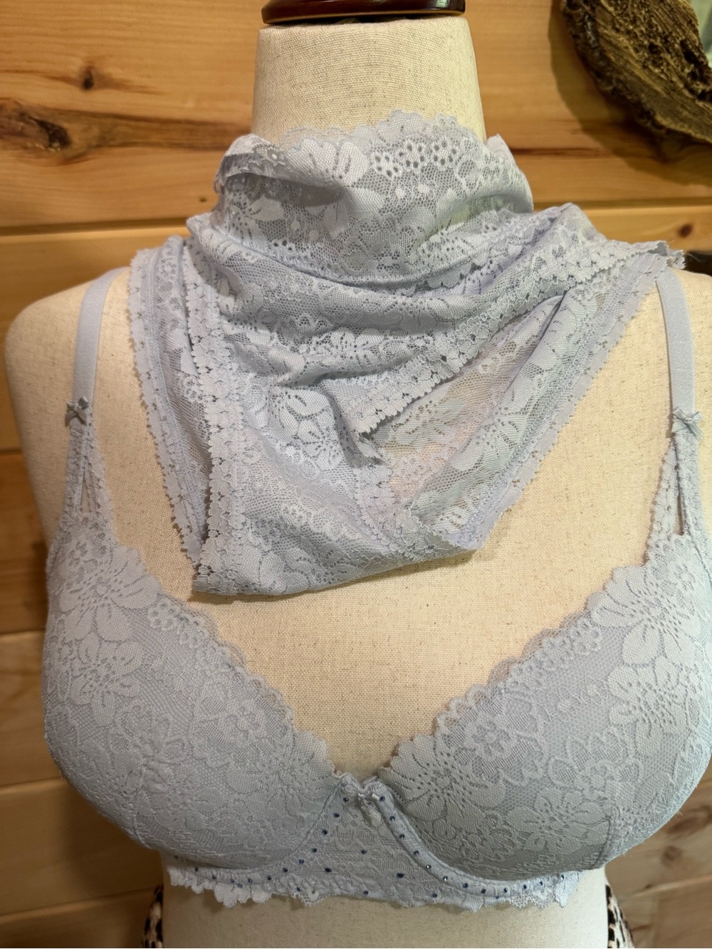 Victoria Secret Pink Lace Push-Up Bra and Matching Panty Set - Light Blue Grey